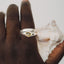 Silver ring with a yellow gemstone on a person's finger against a white background