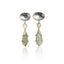 A pair of gold dangle earrings featuring oval moonstone tops, a small round white stone, and teardrop-shaped greenish-gray moonstone drops, shown on a clean white background with a soft reflection.